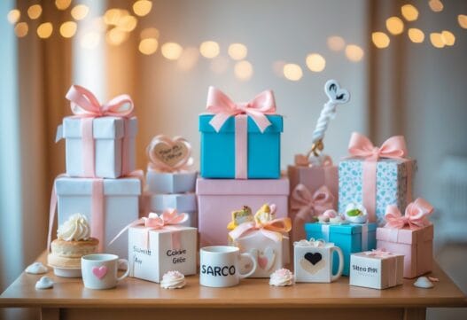 Farverigt og humoristisk billede af sjove bryllupsgaver til et bryllup.